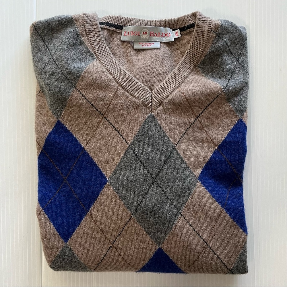 Luigi Baldo Cashmere Silk Argyle V-Neck  Pullover Sweater Blue Tan Size XXL